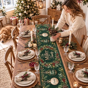 May include: A dark green fabric table runner featuring a festive Christmas wreath design with pine branches, red berries, and hanging ornament graphics. The text "The Miller Family" is printed in the center, surrounded by personalized ornament labels.