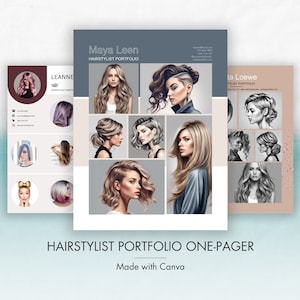 Könnte beinhalten: Ein einseitiges Portfolio eines Friseurs mit verschiedenen Frisuren an Frauen. Das Portfolio enthält die Namen "Leanne", "Maya Leen" und "ta Loewe" sowie den Text "HAIRSTYLIST PORTFOLIO ONE-PAGER Made with Canva".