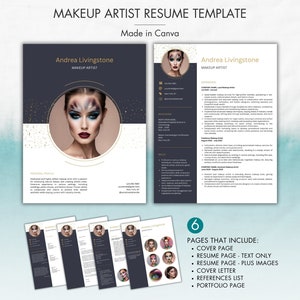 May include: A resume template for a makeup artist. The template includes a cover page, resume page, portfolio page, and references list. The template is made in Canva.