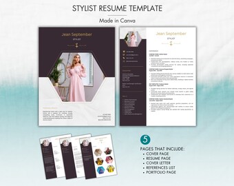 Plantilla de CV de estilista Canva, CV de estilista de moda, CV de estilista personal, Estilista de belleza, Estilista de vestuario, Estilista de set, Estilista minorista