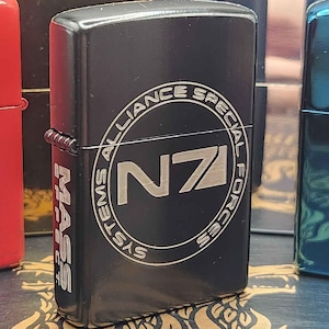 Mass Effect N7 Emblem Engraved Windproof Lighter – Circular Logo with Stylized Spine Title