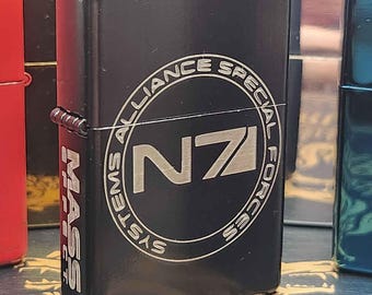 Mass Effect N7 Emblem Engraved Windproof Lighter – Circular Logo with Stylized Spine Title
