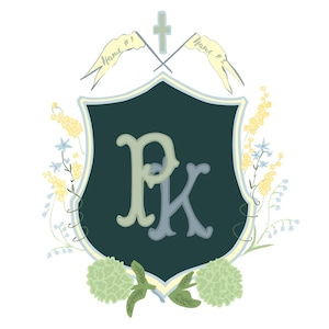May include: A heraldic crest design with the initials "PK" in green and grey on a dark teal shield. The design includes floral elements, banners with text, and a cross, set against a white background.