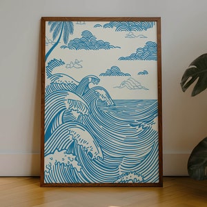 Japanische Welle Kunstdruck – Moderne Meeres Zeichnung