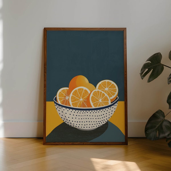 Bold Citrus Oranges in Polka Dot Bowl Poster Print Wall Art - Vibrant Graphic Illustration for Modern Kitchen Decor, Retro Fruit Poster