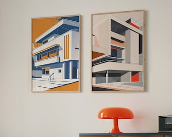 Mid Century Modern Architectural Wall Art Print Set - Bauhaus Inspired Prints, Printable Art, Orange and Blue, Mid Century Homes