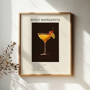 Impresión de arte de pared con receta de cóctel Margarita con especias retro: póster de cóctel minimalista para bar, impresión de mixología retro, arte de pared imprimible para cocina