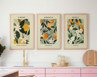 Italian Citrus Fruit Wall Art Set of 3, Botanical Kitchen Prints, Amalfi Lemons, Sorrento Oranges, Digital Download