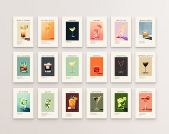 Classic Cocktail Recipe Prints Set of 18, Bar Wall Art, Mixology Decor, Digital Download