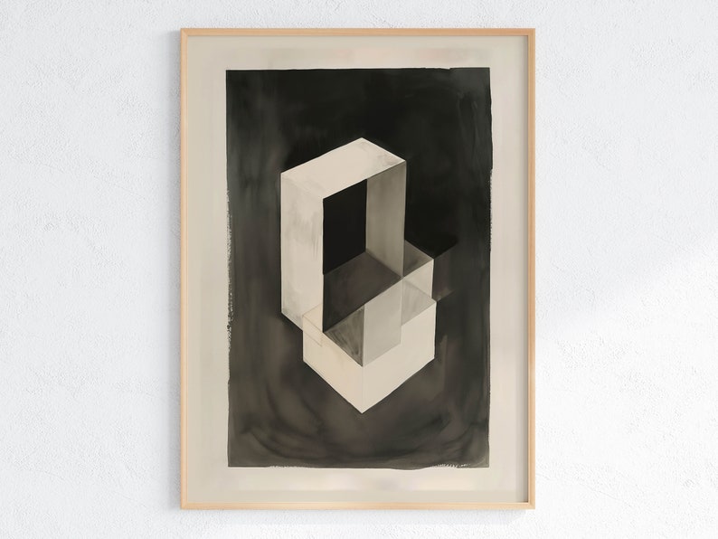 May include: A framed abstract painting of a white geometric shape on a black background. The shape appears to be a cube or box with a smaller cube or box inside.