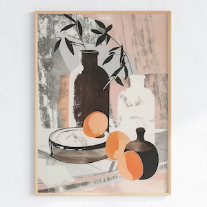 Abstract Vases and Oranges Still Life Wall Art Print -Neutral Dining Room Poster, Printable Wall Art