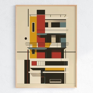 Mid Century Modern Architectural Wall Art Print Set - Bauhaus Inspired Prints, Printable Art, Mustard and Red, Mid Century Homes