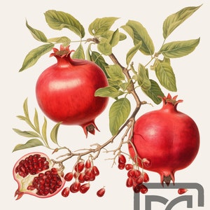 May include: A botanical illustration of a pomegranate branch with three pomegranates. Two pomegranates are whole and red, and one is cut open, revealing the red seeds inside. The branch has green leaves and small red berries.
