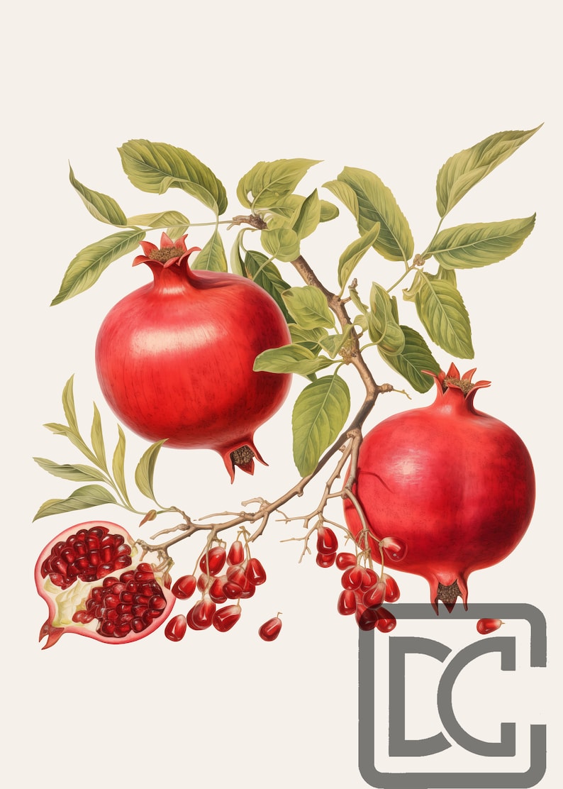 May include: A botanical illustration of a pomegranate branch with three pomegranates. Two pomegranates are whole and red, and one is cut open, revealing the red seeds inside. The branch has green leaves and small red berries.