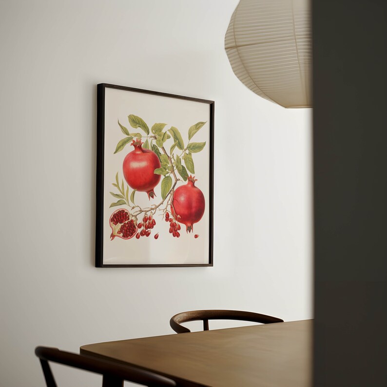 May include: A framed botanical illustration of a pomegranate branch with three red pomegranates and green leaves against a white background.