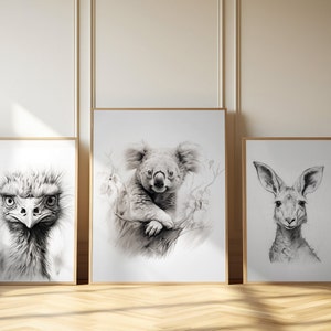 Australian Animal Nursery Prints - Set of 3, Kangaroo, Emu, Koala, Australia Wildlife, Baby Toddler Gifts