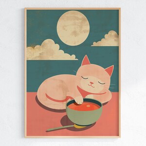 Sleeping Cat and Moon Art Print - Whimsical Night Sky Wall Art, Calming Nursery Decor with Cat Illustration, Printable Wall Art