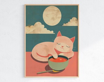 Sleeping Cat Moon Art Print: Whimsical Nursery Decor (Digital Download)