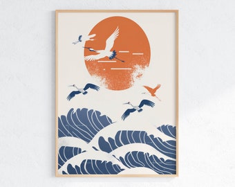 Sunset Birds Ocean Waves Art Print: Coastal Landscape (Digital Download)