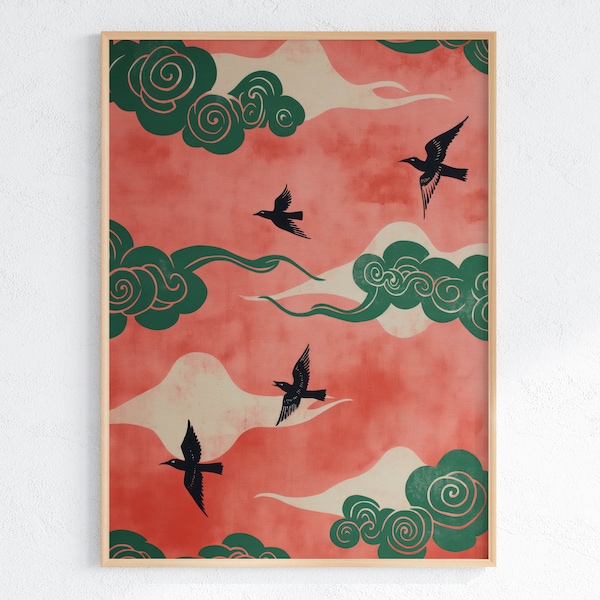 Oriental Style Swirling Clouds and Birds Art Print - Serene Digital Wall Print, Printable Wall Art