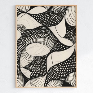 Könnte beinhalten: Abstrakter Schwarzweiß-Kunstdruck mit einem geometrischen Muster aus Punkten, Linien und Kurven. Der Druck ist in einem hellen Holzrahmen gerahmt.