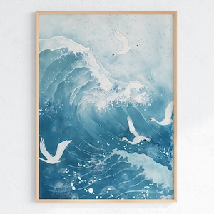 Japanese Ocean Wave and Seagull Wall Art – Coastal Watercolor Printable – Zen Nature Digital Download