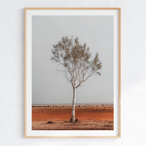 Solitary Landscape Photography - Lone Tree Print, Desert Minimalism Art in Earthy Tones, Nature Isolation Wall Decor, Printable Art