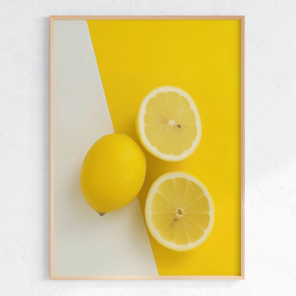 Bold Yellow Lemon Artwork - Modern Minimalist with White Texture, Contemporary Kitchen Decor, Printable Art