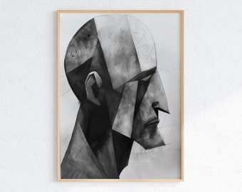 Wydruk artystyczny „Cubist Face Art Print”: Czarno-biały portret geometryczny (pobranie cyfrowe)