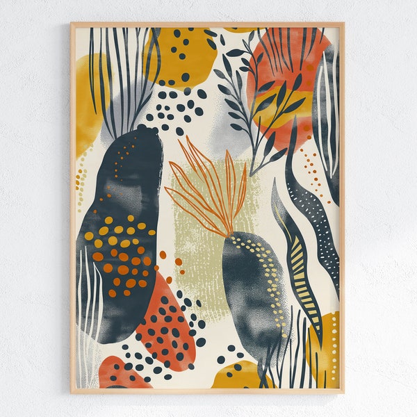 Modern Abstract Botanical Shapes Art Print - Mustard and Charcoal Home Decor, Organic Pattern, Printable Art