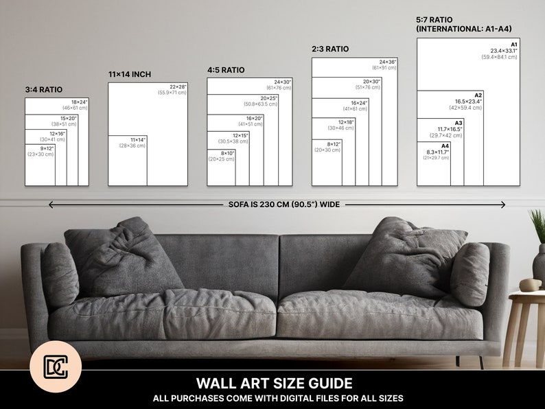 May include: A wall art size guide with a sofa in the background. The guide shows different aspect ratios and corresponding sizes in inches and centimeters. The text "SOFA IS 230 CM (90.5') WIDE" is displayed below the guide. The text "WALL ART SIZE GUIDE" is displayed below the sofa. The text "ALL PURCHASES COME WITH DIGITAL FILES FOR ALL SIZES" is displayed below the guide.