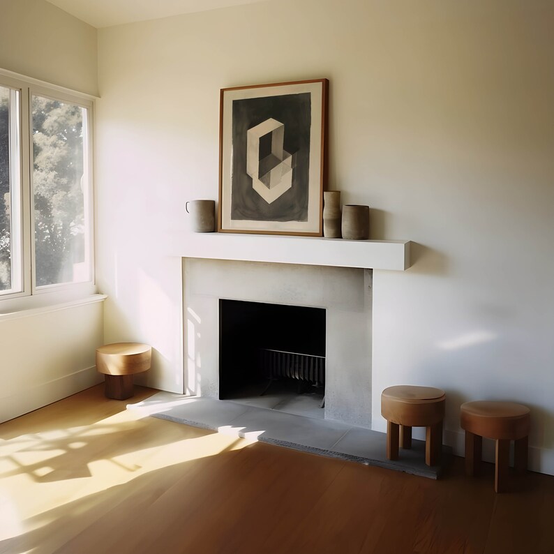 May include: A white fireplace with a black firebox and a framed abstract print above it. Three wooden stools are in the foreground.
