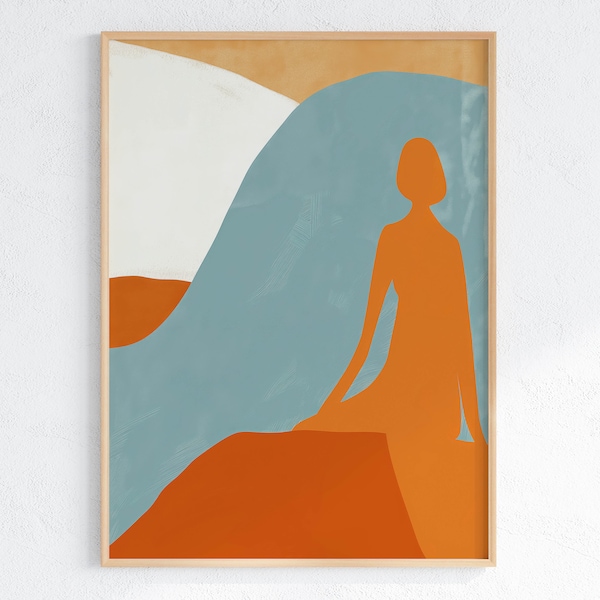 Abstract Silhouette of Woman Sitting Painting Wall Art Print - Figurative Art, Abstract Minimalist Landscape, Printable Wall Art