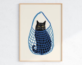 Funny Black Cat in Blue Mesh Bag Art Print (Digital Download)
