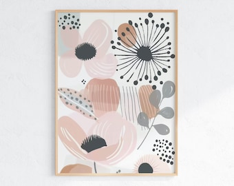 Abstract Floral Art Print: Pink & Black Botanical Decor (Digital Download)
