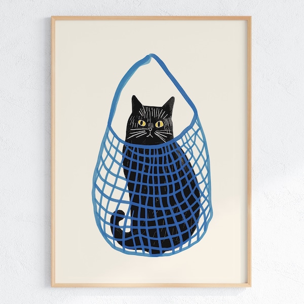 Black Cat in Blue Mesh Bag Wall Art Print - Cat Illustration, Modern Pet Wall Art, Whimsical Animal Poster, Printable Wall Art