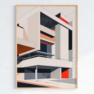 Mid Century Modern Architectural Wall Art Print Set - Bauhaus Inspired Prints, Printable Art, Orange and Red, Mid Century Homes