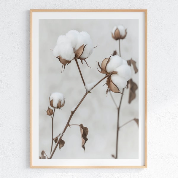 Cotton Bolls Wall Art Print - Soft Tone Botanical, Living Room Print, Printable Wall Art