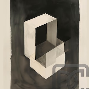 May include: A black and white abstract painting of a three-dimensional geometric shape. The shape is made up of multiple cubes that are stacked on top of each other. The painting has a textured, watercolor-like appearance.