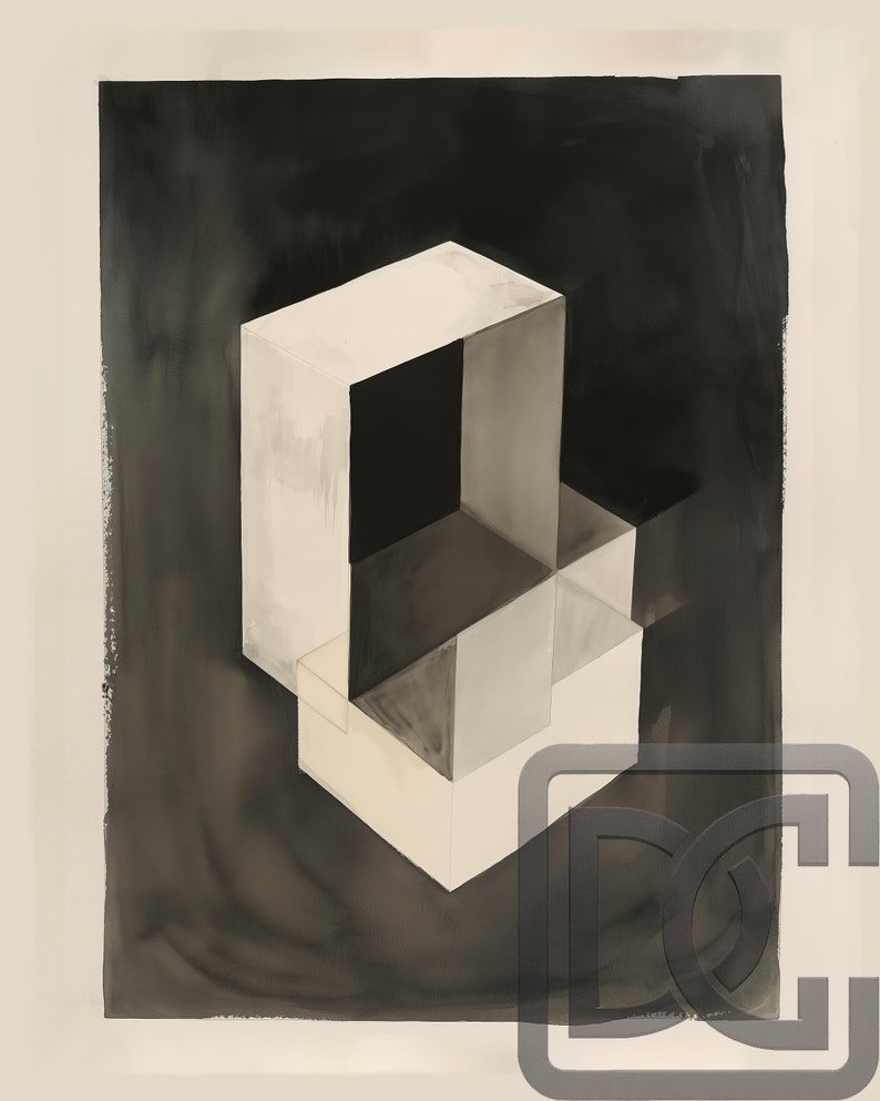 May include: A black and white abstract painting of a three-dimensional geometric shape. The shape is made up of multiple cubes that are stacked on top of each other. The painting has a textured, watercolor-like appearance.