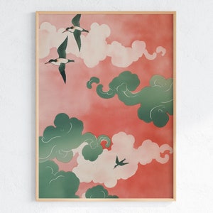 Japanische Vögel und Wolken Wand Kunst Druck - Ätherischer Himmel Farbverlauf Wand Kunst Ruhige Natur Illustration Gelassene Dekor Poster