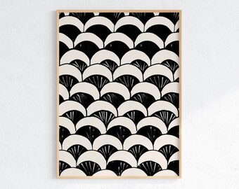 May include: Black and white geometric pattern print with a repeating design of overlapping half circles. The print has a vintage feel and would be great for a modern home decor project.