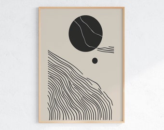 Abstract Landscape Print: Black Lines, Circle Art (Digital Download)