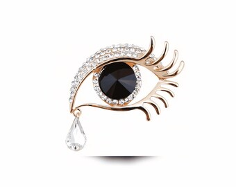 Elegant Crystal Glass Angel's Tears Drop Brooch with Diamonds Big Eyes and Long Eyelashes Corsage, Gift for Her