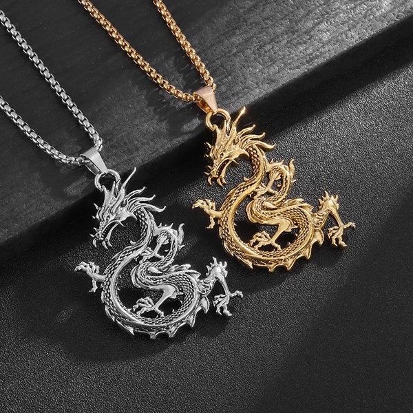 Gold or Silver Color Dragon Loong Necklace - Oriental Dainty Necklace - Dragon Pendant Layering Necklace - Women or Men Gift - Anniversary