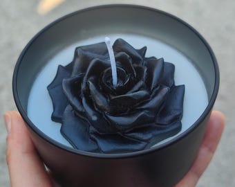 Black Rose Candle, Halloween Candle, Handmade Natural Soy Wax Candle, Eco-Friendly, Vegan, Unscented., Tin Candle,  160g