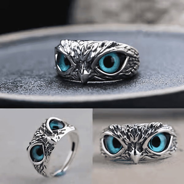 Owl Ring Ocean Blue Eyes | Adjustable Nature-Inspired Retro Unisex Luck Viking, Fits All Fingers | Staring Eyes Follow You Gift For Her Him