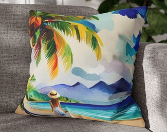 Tropical Beach-Themed Square Poly Canvas Pillowcase