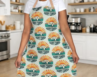Happy Camper Kitchen Apron • Vintage Camper Summer Apron • Fun Outdoor Cook Gift, 2-Color Straps