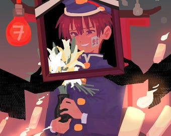 May include: Digital illustration of a character in a navy blue uniform holding a vase of white flowers. The character is framed by a dark brown rectangle. The background features candles and a red light.